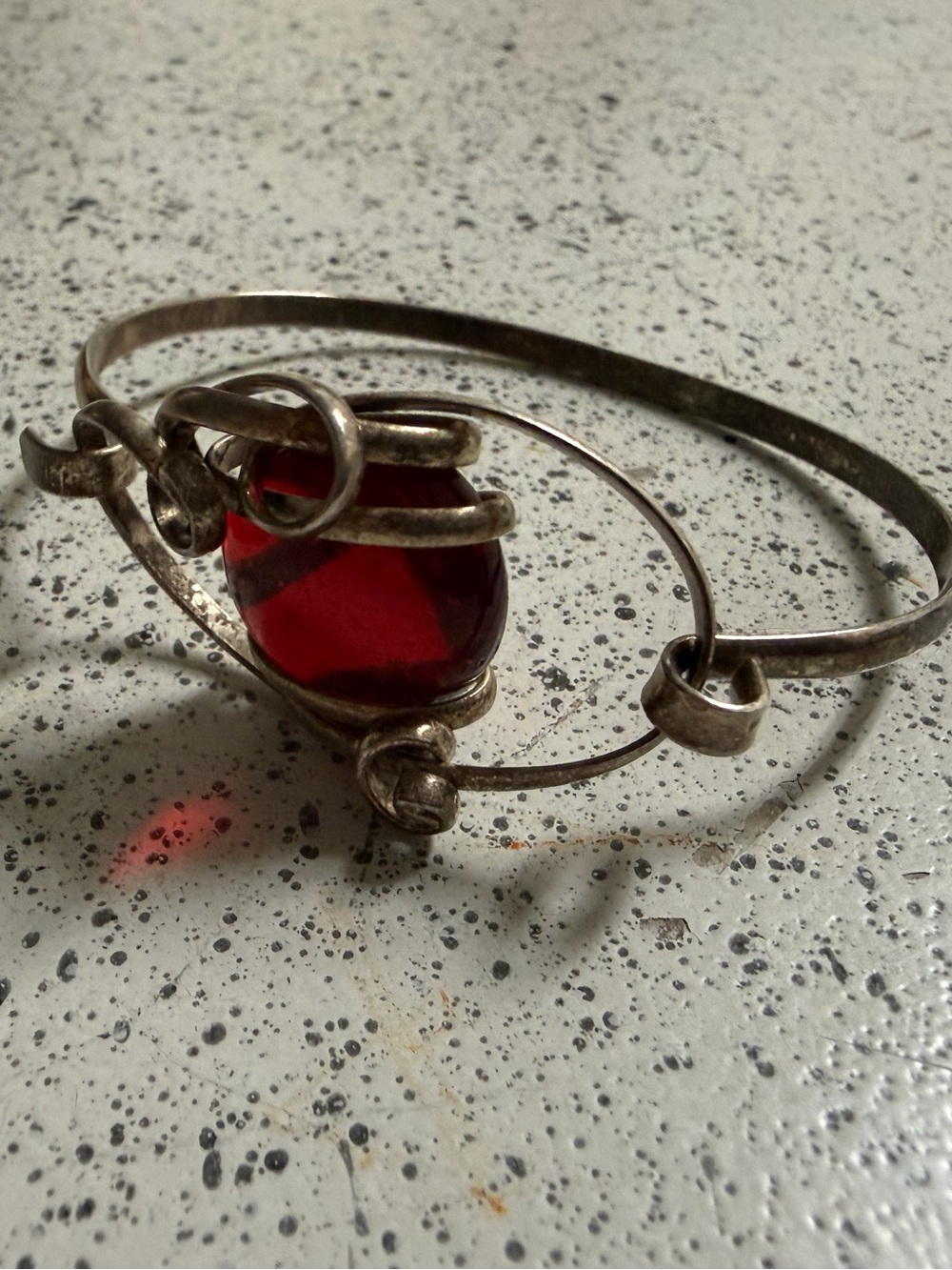 Sterling Silver Hook Bangle Bracelet w/ Red Glass